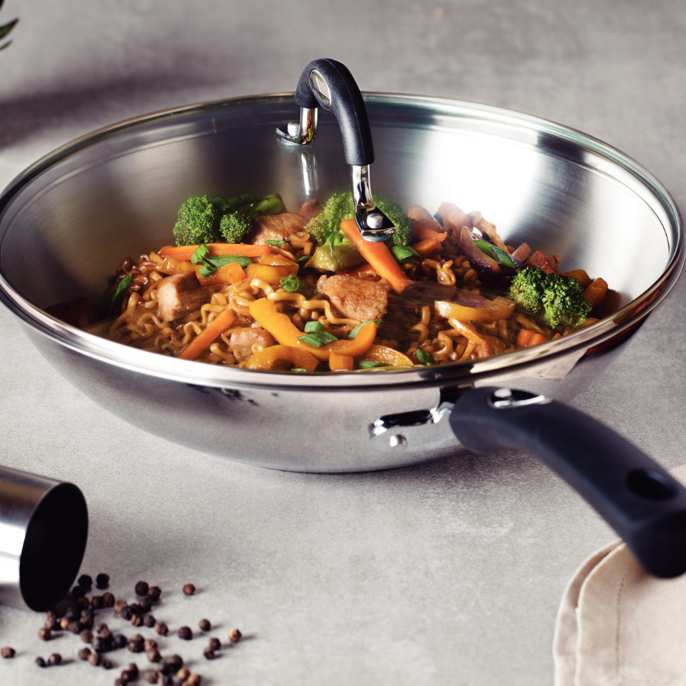 Tramontina Solar Silicone 28cm Wok with Lid, 18/10 Stainless Steel, Induction