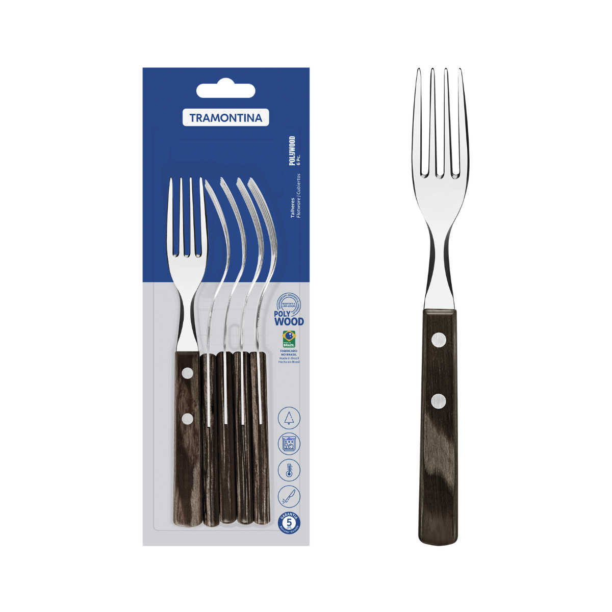 Tramontina Polywood Table Fork Set, 6 Pcs, Stainless Steel