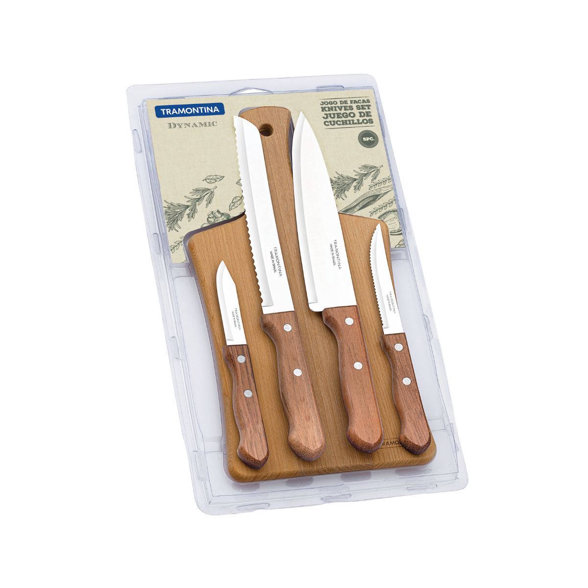 Tramontina Dynamic Knife Set with Cutting Board, 5 Pcs, Stainless Steel
