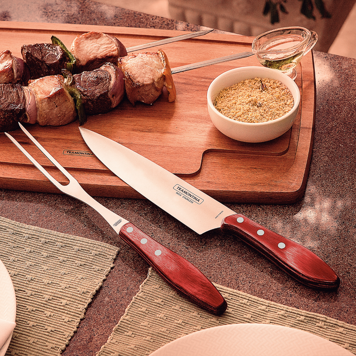 Tramontina Churrasco 2 Piece Barbecue Set, Meat Knife/Carving Fork/Wood/Stainless Steel