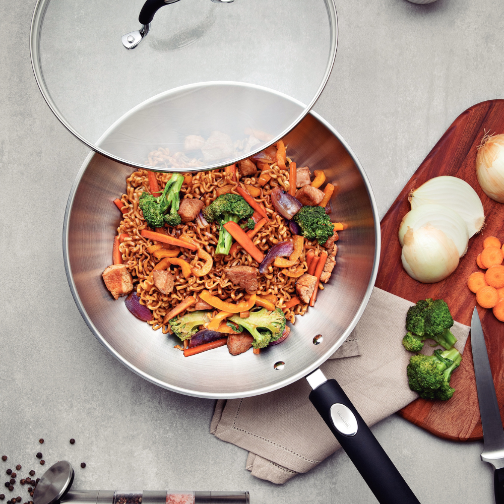 Tramontina Solar Silicone 28cm Wok with Lid, 18/10 Stainless Steel, Induction