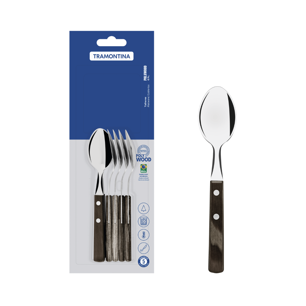 Tramontina Polywood Tea Spoon Set, 6 Pcs, Stainless Steel