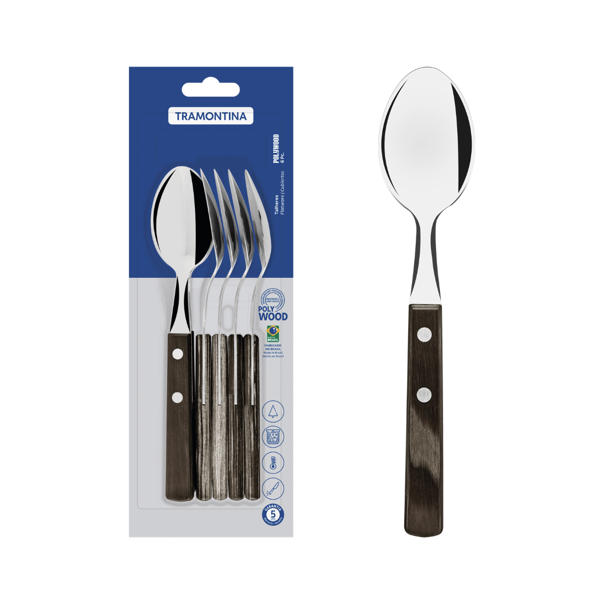 Tramontina Polywood Table Spoon Set, 6 Pcs, Stainless Steel