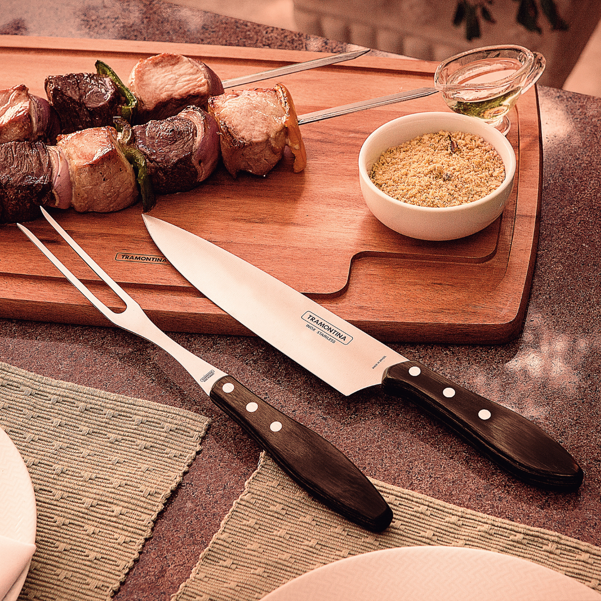 Tramontina Churrasco 2 Piece Barbecue Set, Meat Knife/Carving Fork/Wood/Stainless Steel