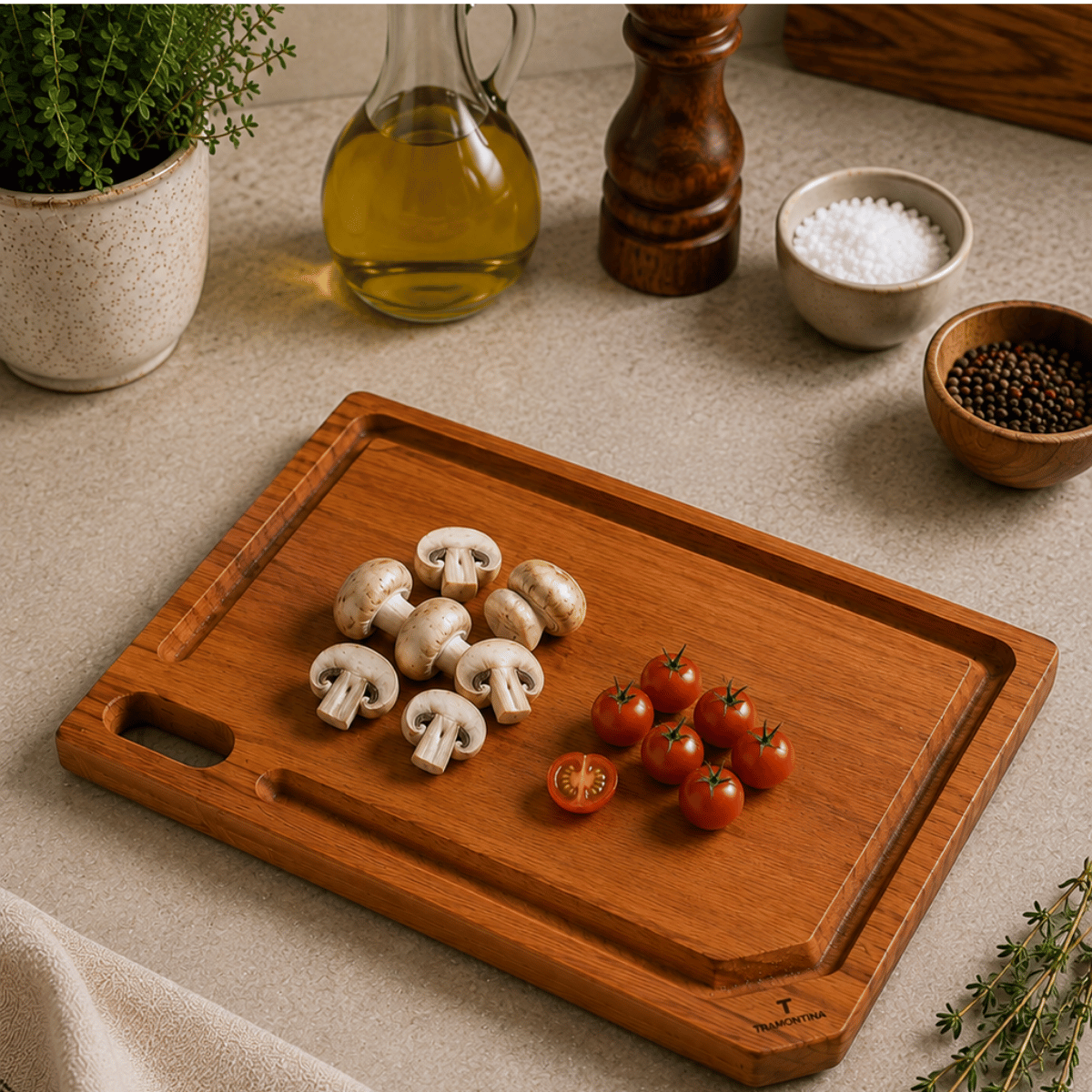 Brown wooden board with groove holding mushrooms and cherry tomatoes.