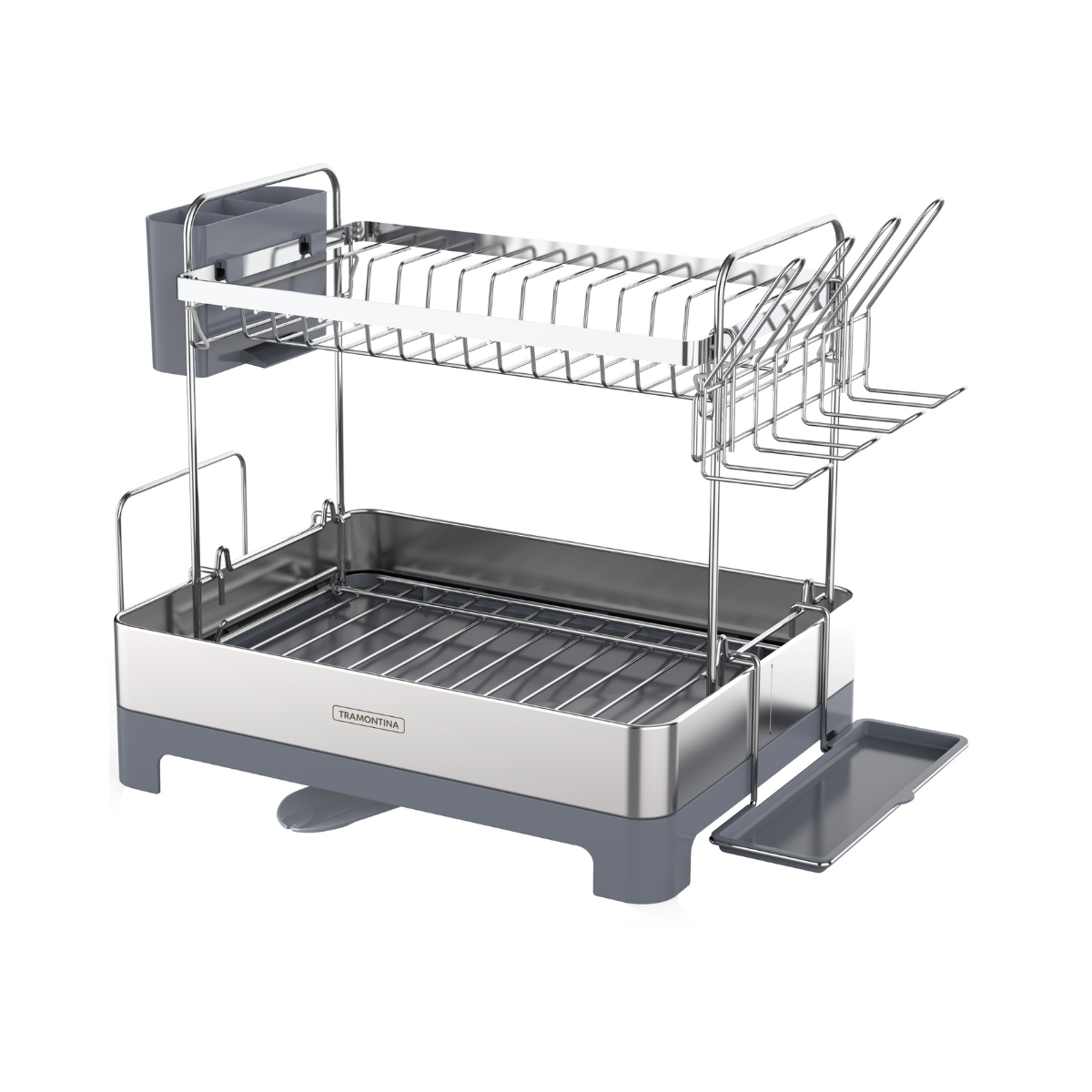 2-tier stainless steel dish rack with gray plastic base and utensil holder