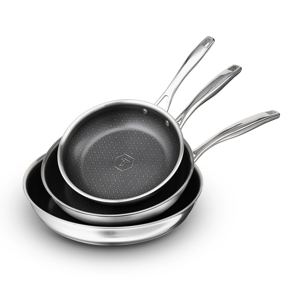 Three nested Tramontina Tektile frying pans with stainless steel handles