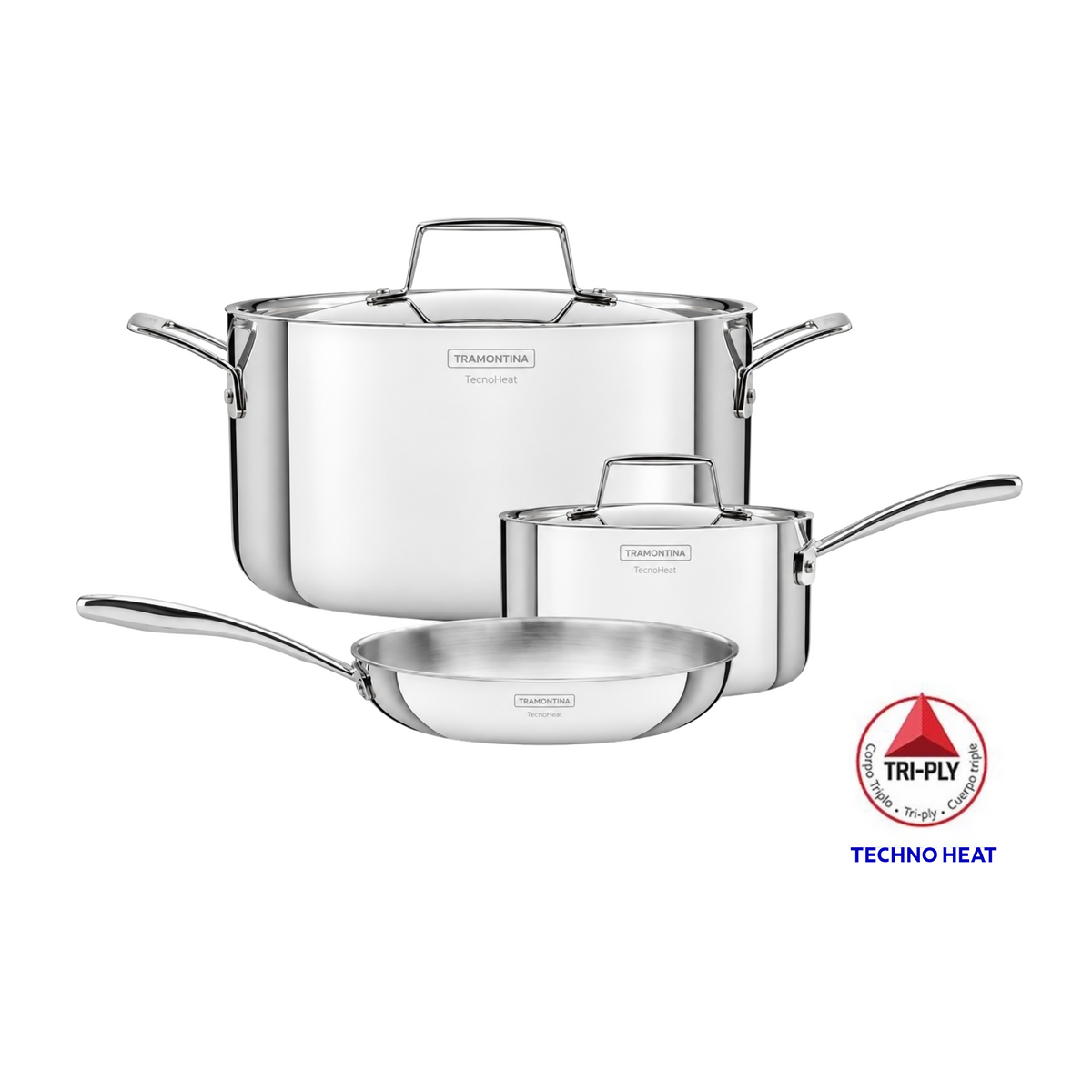 Stainless steel induction cookware set with lidded pots and skillet, fully clad