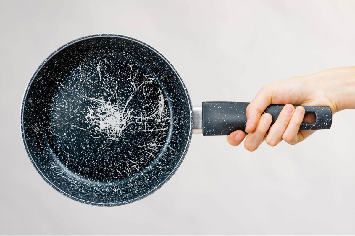 Deep scratches exposing metal on a non-stick frying pan