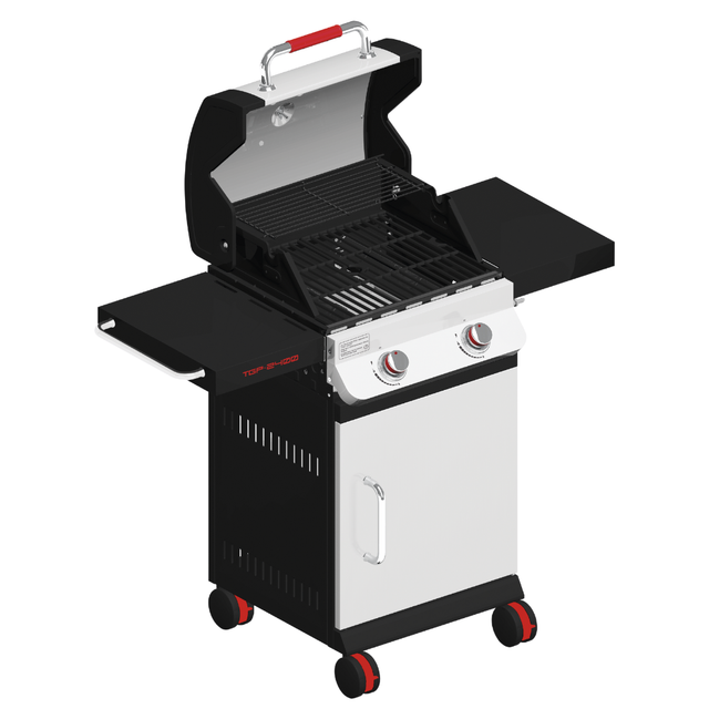 White and black gas grill with open lid, exposed grill grates, and two control knobs.