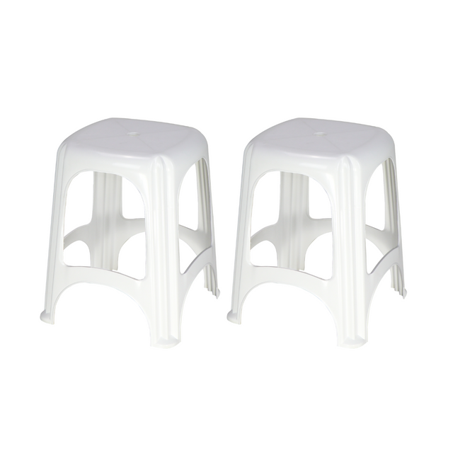 White plastic stackable stools, set of 2 with curved legs