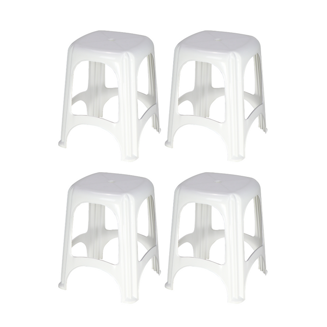 Set of four white plastic stackable stools with molded seats and legs