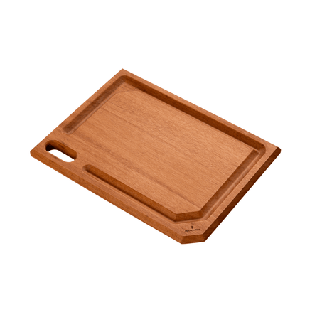 Brown wooden cutting and serving board with groove and side handle hole.