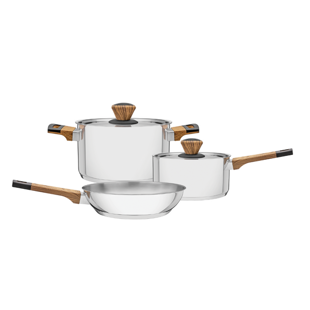 Tri-ply stainless steel cookware set with two saucepans, glass lids, and wooden handles