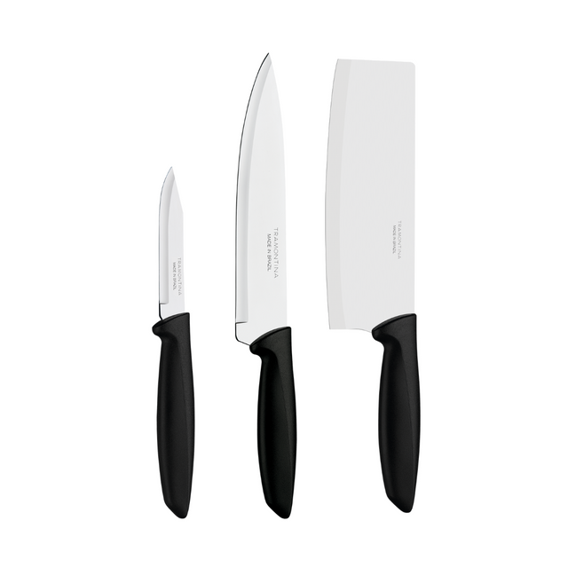 Tramontina Plenus 3-piece knife set with stainless steel blades and black handles