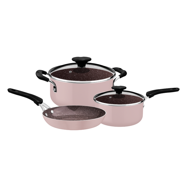 Ceramic non-stick cookware set with 3 pots and matching glass lids, rose pink