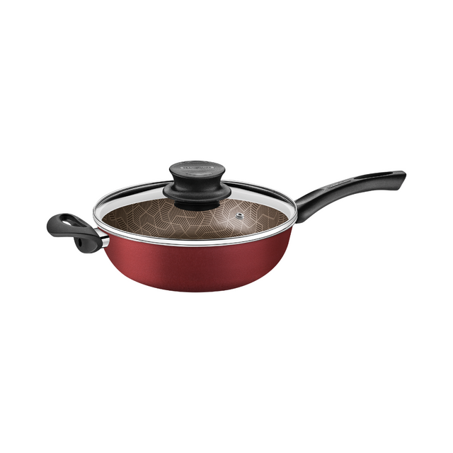 Tramontina Paris non-stick skillet with lid, red pan with glass lid, side view