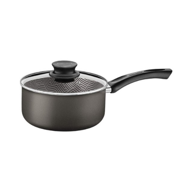 Non-stick sauce pan with lid, dark gray, patterned glass lid and black handle