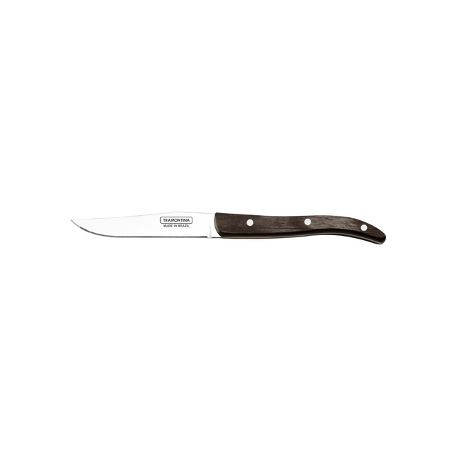 4-inch stainless steak knife with dark brown wood-look handle and 3 rivets