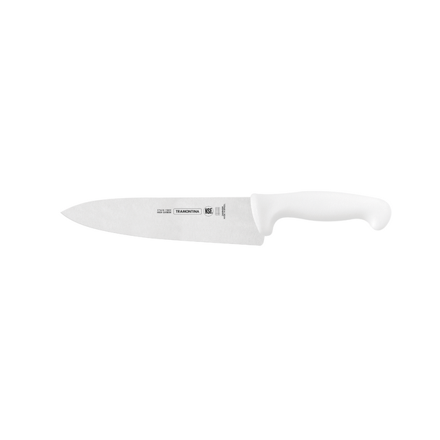 Stainless steel chef knife with white handle, straight edge and ergonomic grip