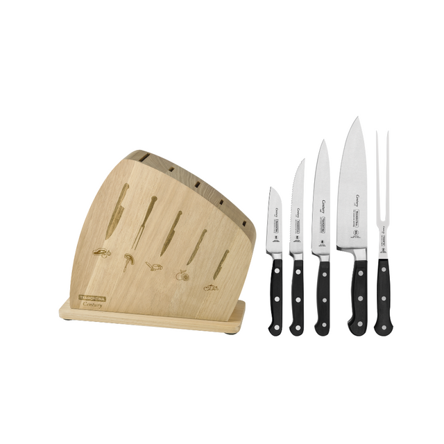 Knife block set with wooden stand and 6 stainless steel knives with black handles