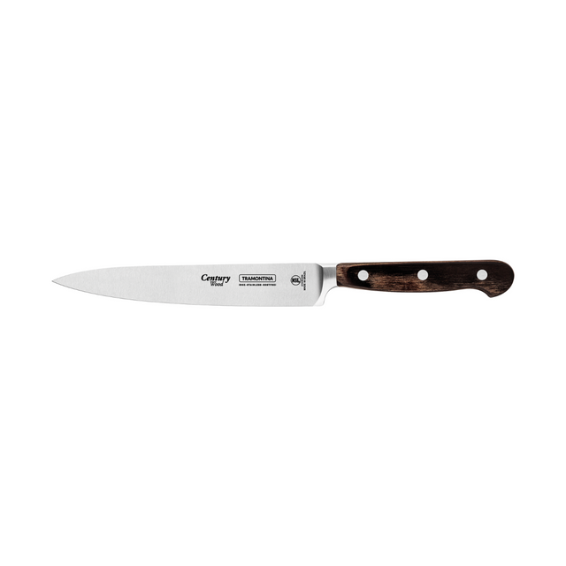 6-inch utility knife with stainless steel blade and dark wood handle, three rivets