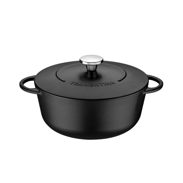 Black enameled cast iron casserole pot with lid and side handles, 28 cm