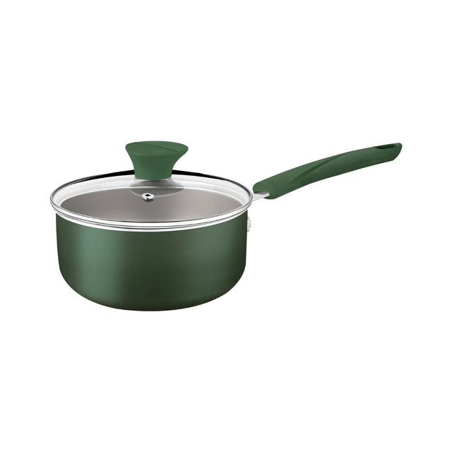 Tramontina LYF 16cm non-stick sauce pan, dark green, with glass lid and green handle