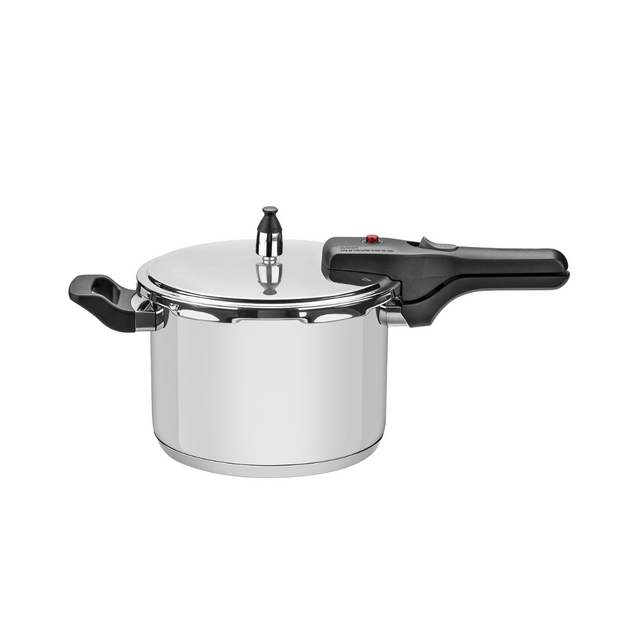 Stainless steel pressure cooker with black handles and steam release valve