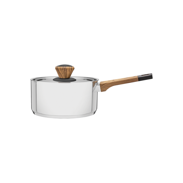 Stainless steel sauce pan with glass lid and wood-look handle