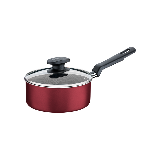 Red non-stick sauce pan with glass lid and black handle, 18cm
