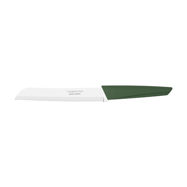 Green-handled stainless bread knife with serrated blade, 7 in