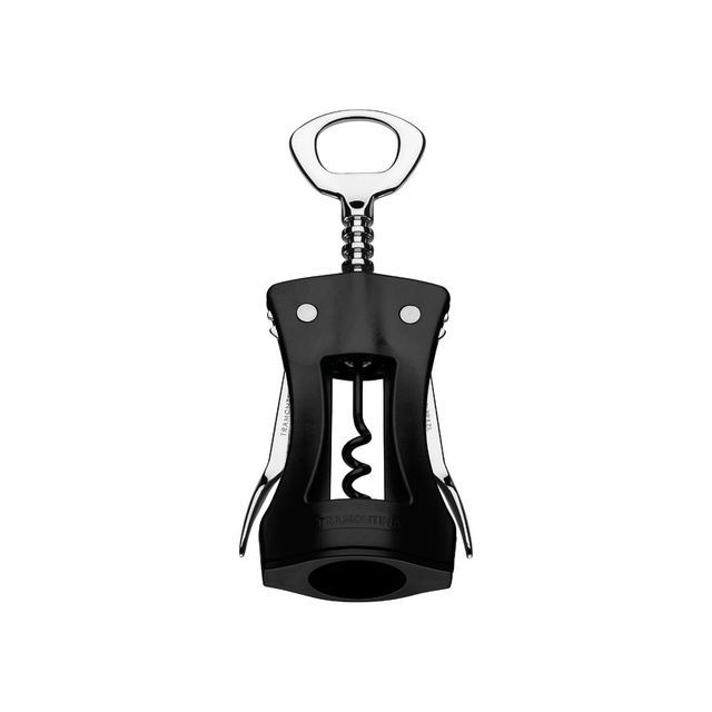 Tramontina corkscrew bottle opener with black body and chrome oval loop handle