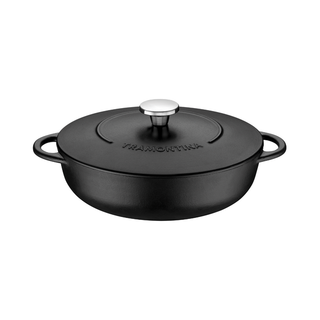 Black enameled cast iron 28cm fryer with lid and side loop handles