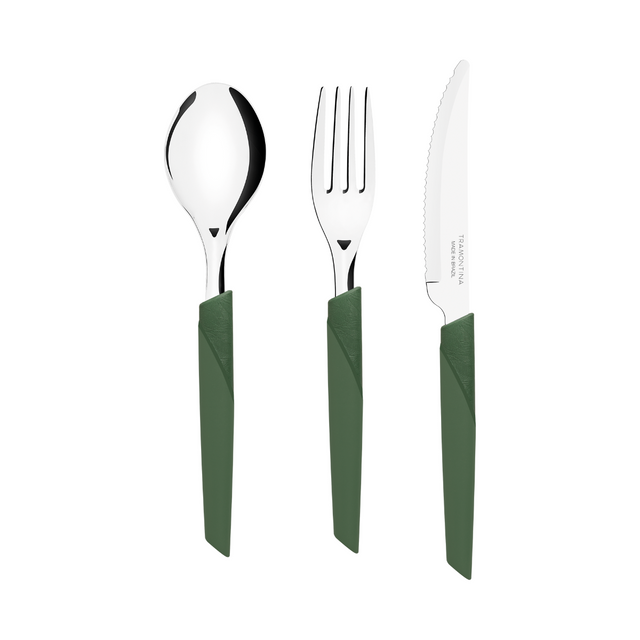 3-piece flatware set with stainless spoon, fork, and knife; dark green handles.