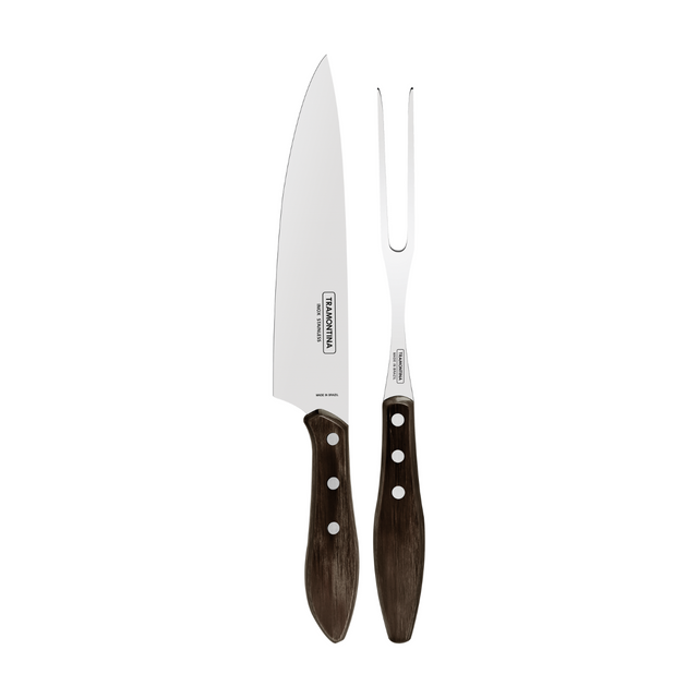 2-piece barbecue carving set with meat knife and carving fork, stainless steel, brown handles