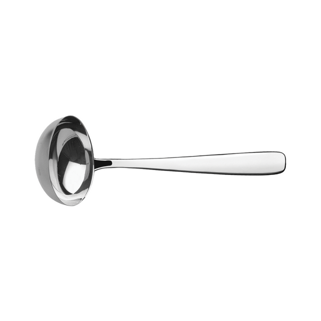 Stainless steel soup ladle with round bowl and long handle, silver finish