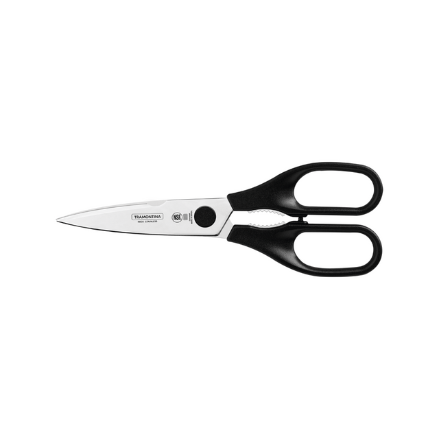 Stainless steel multi-purpose scissors with black handles and finger loops