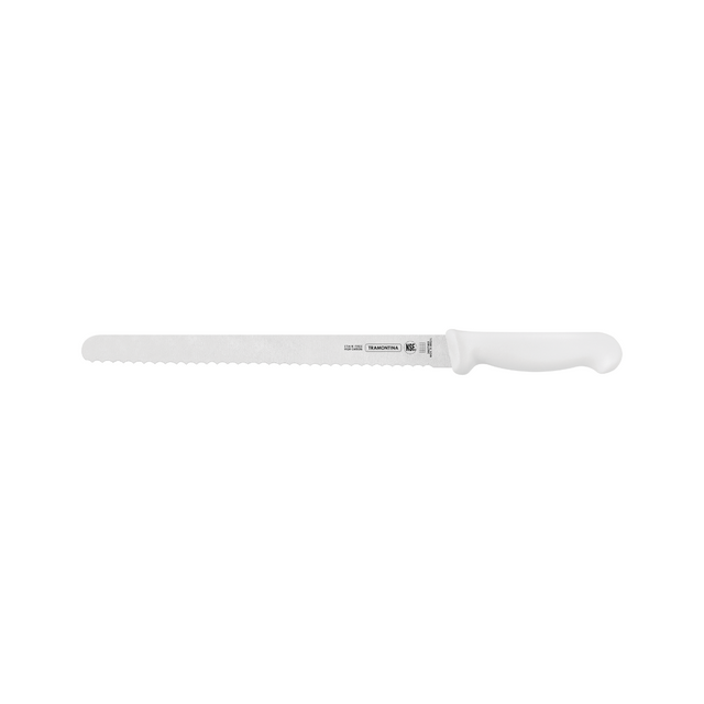 Serrated bread knife with white handle and stainless blade, side view.