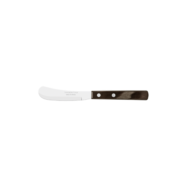 Butter spreader/knife with stainless blade and dark wooden handle, front angle
