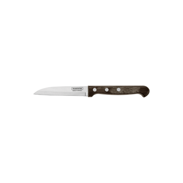 Stainless steel vegetable knife with dark brown handle and three rivets