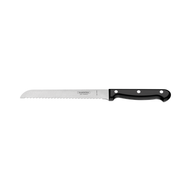 7-inch stainless steel bread knife with black handle and serrated edge
