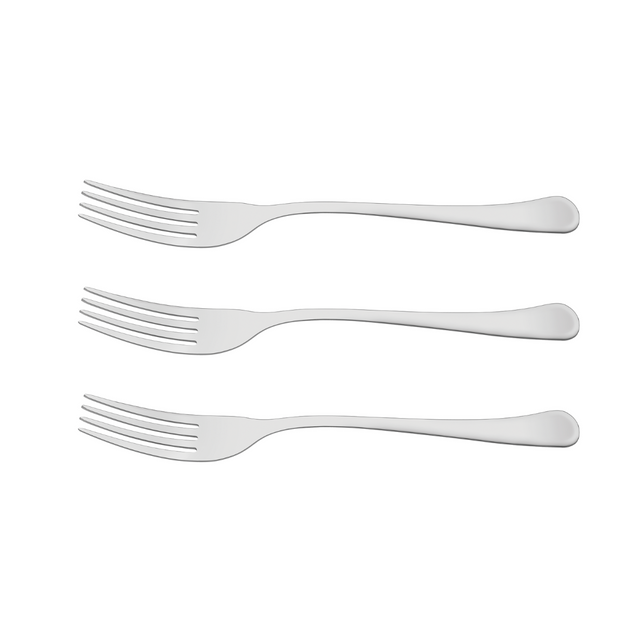 Stainless steel table fork, 3-pack, smooth silver handle and 4-tine head