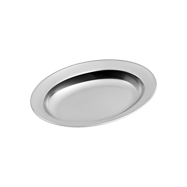 Deep stainless steel serving dish, oval 30 cm with wide rim