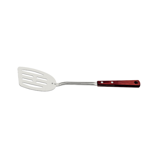 Stainless steel slotted spatula with red-brown handle