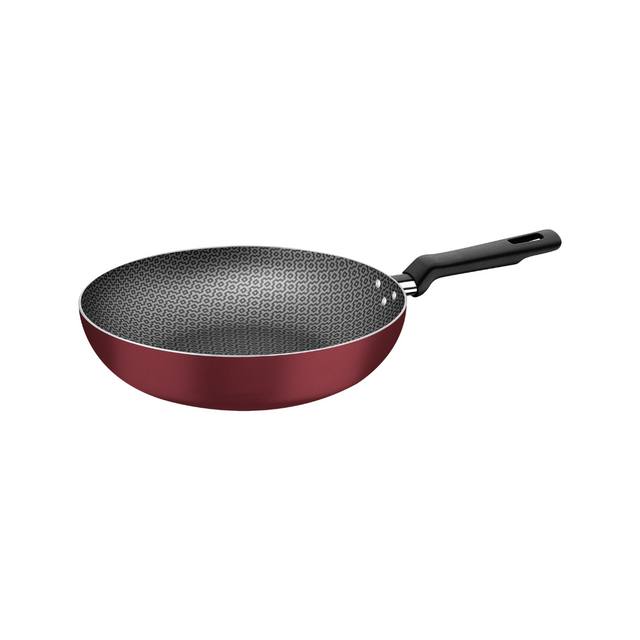 24cm red non-stick deep frying pan with speckled interior and black handle