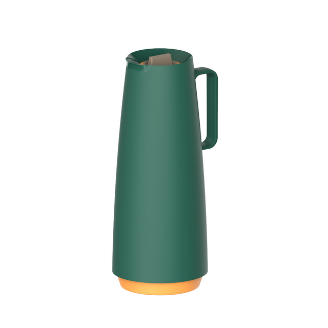 Green insulated carafe with side handle and pour spout, orange base