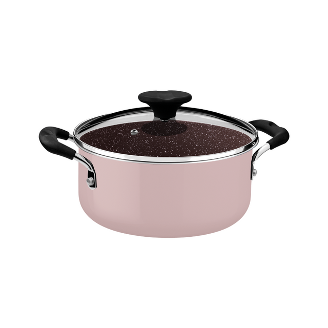 Ceramic non-stick casserole pot with glass lid, beige with black handles and knob.