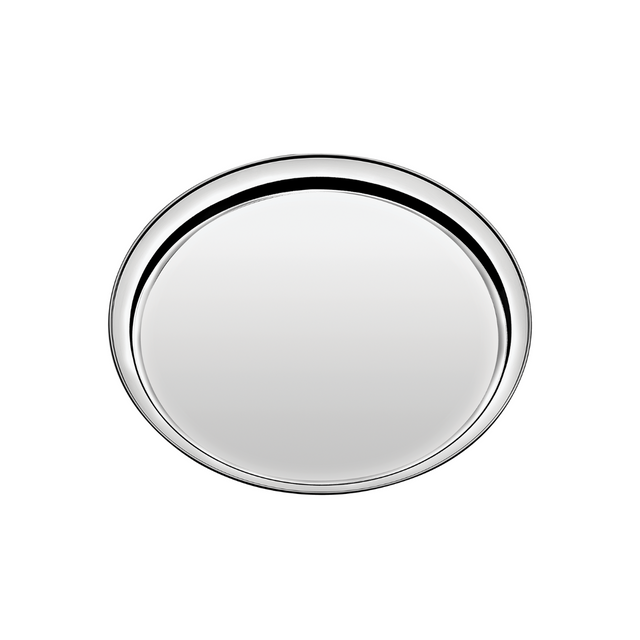 Round stainless steel serving tray with polished rim, plain center.