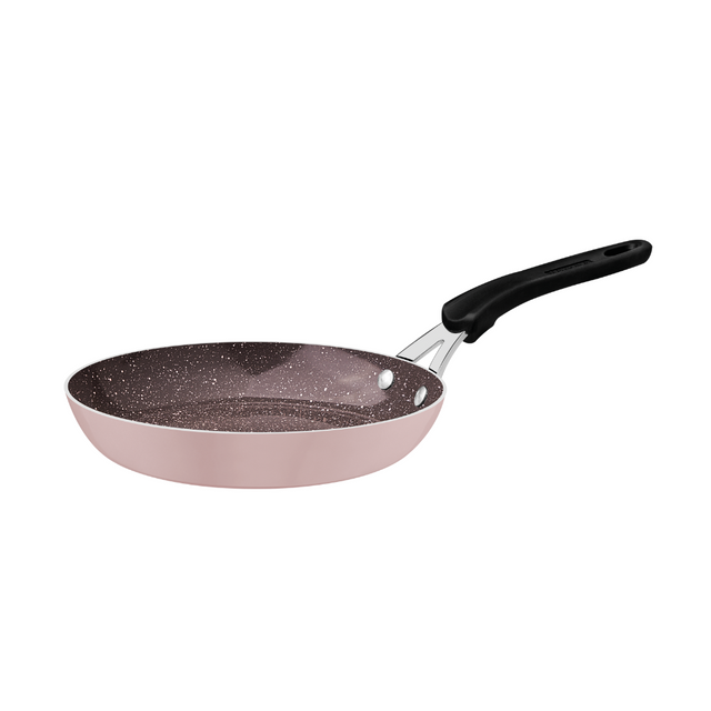 Beige ceramic non-stick frying pan with black speckled interior and black handle